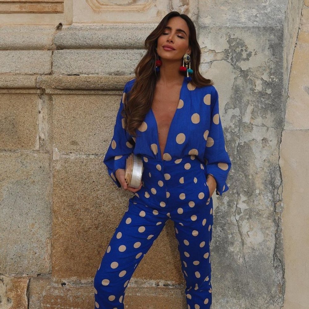 BLOGGER'S FAVE! Zara 2 Piece Pants Set And Top Blue White Polka Dot NWT - Picture 1 of 17